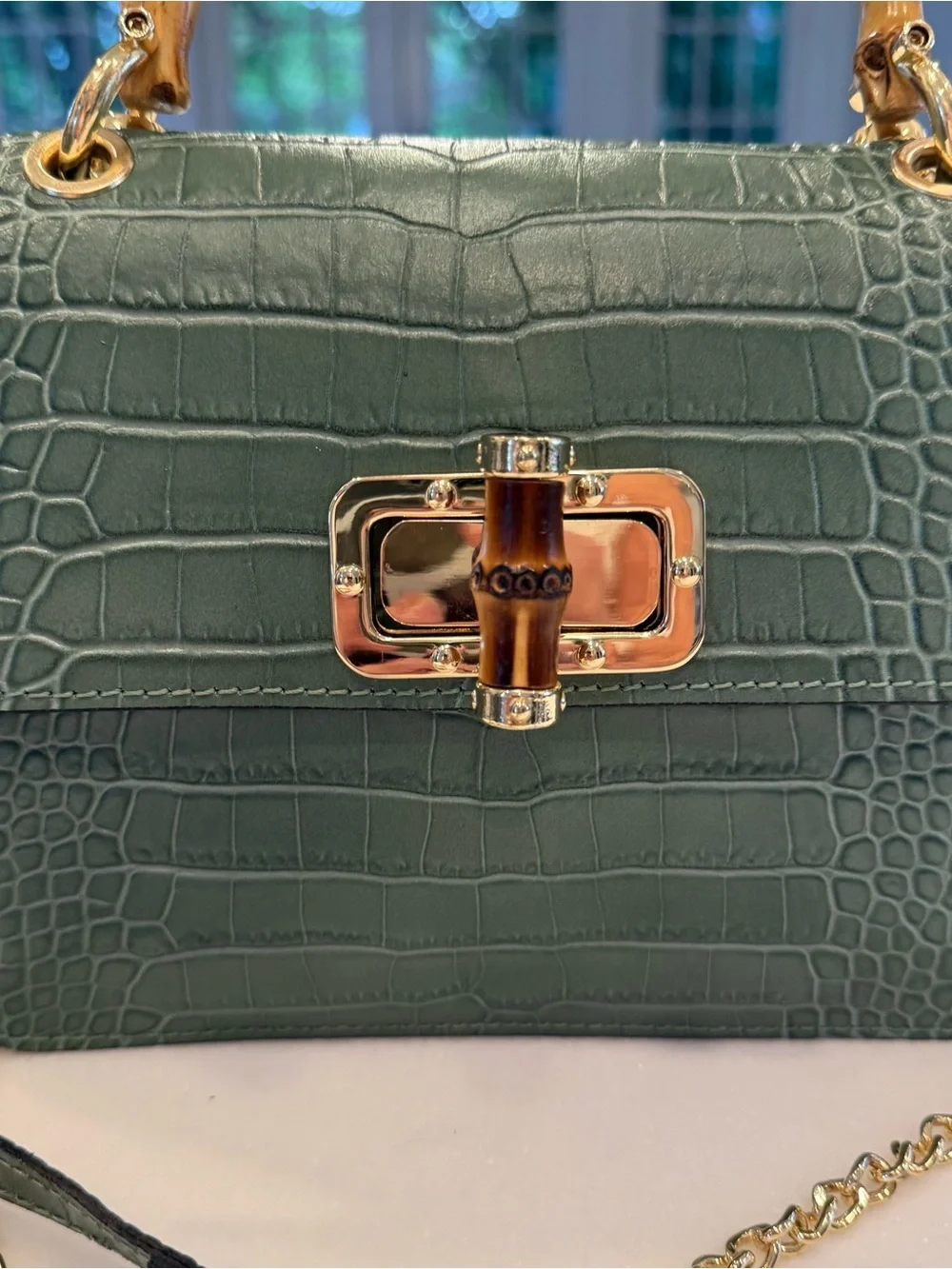 Borse In Pelle Italy Women’s Croc Leather Sage Green Handbag Crossbody NEW